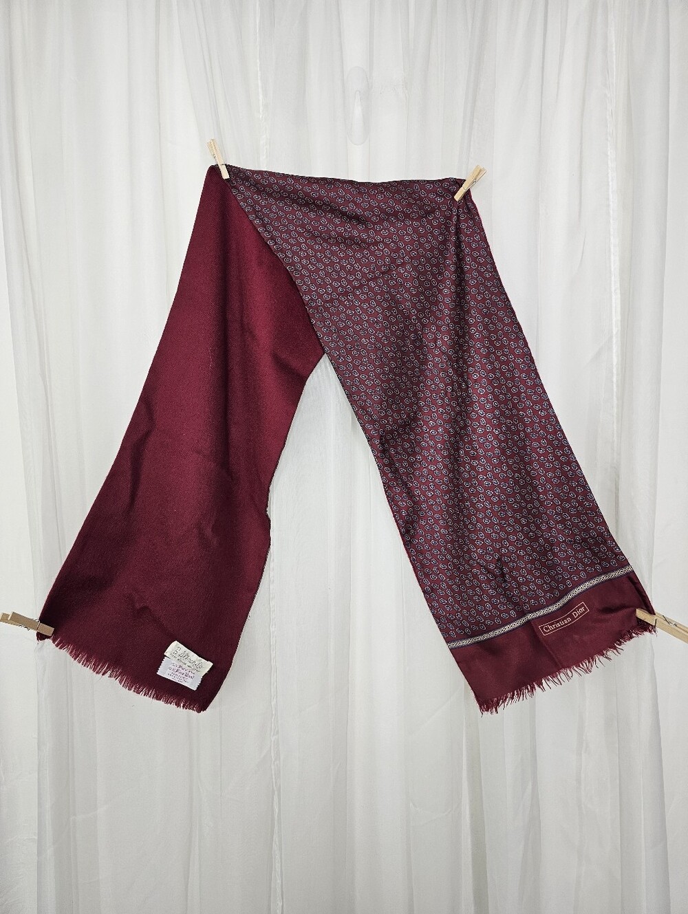 Vintage Christian Dior Silk & Wool Reversible Paisley Scarf Burgundy